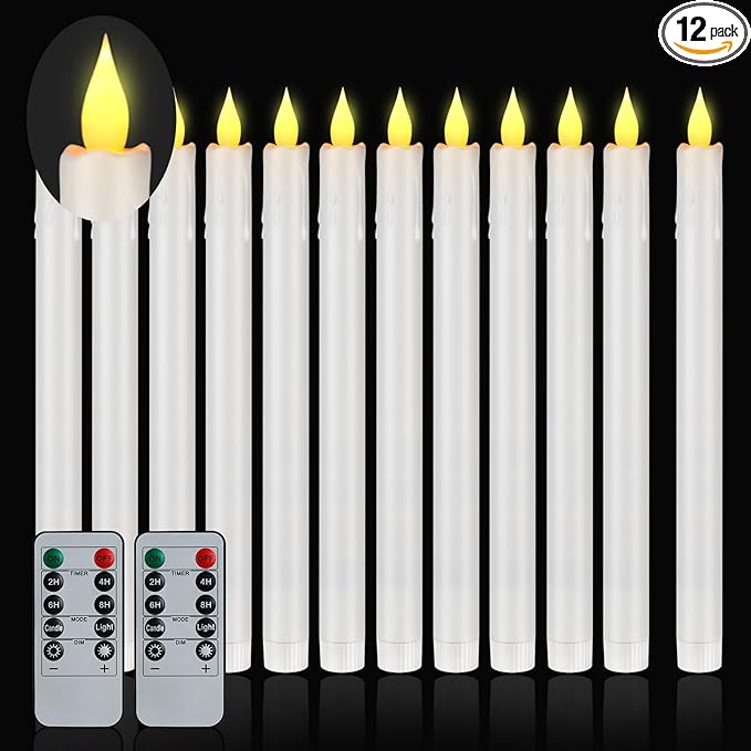 Flameless Taper Candles 10.6" Dripless Battery Operated Taper Candles Included Remote Timer 400+ Hours by 2AA Batteries for Halloween Christmas Wedding (White, 12 Pack)