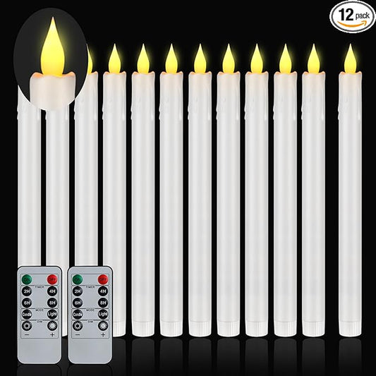 Flameless Taper Candles 10.6" Dripless Battery Operated Taper Candles Included Remote Timer 400+ Hours by 2AA Batteries for Halloween Christmas Wedding (White, 12 Pack)