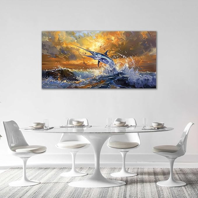 Mecowcm 30x60 inch Large Nautical Fish Wall Art Swordfish Pictures Wall Decor Abstract Ocean Marine Life Canvas Print Coastal Wave Painting Artwork Home Decorations for Living Room Bedroom Office