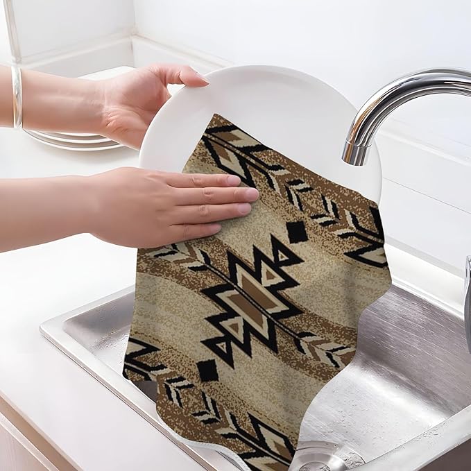 Western Kitchen Towels 16x24 Inch Brown Black Boho Aztec Decor Dish Towels Rustic Beige Native Geometic American Decoration Hand Towels Absorbent Dish Cloths for Home Kitchen Dining Set of 2