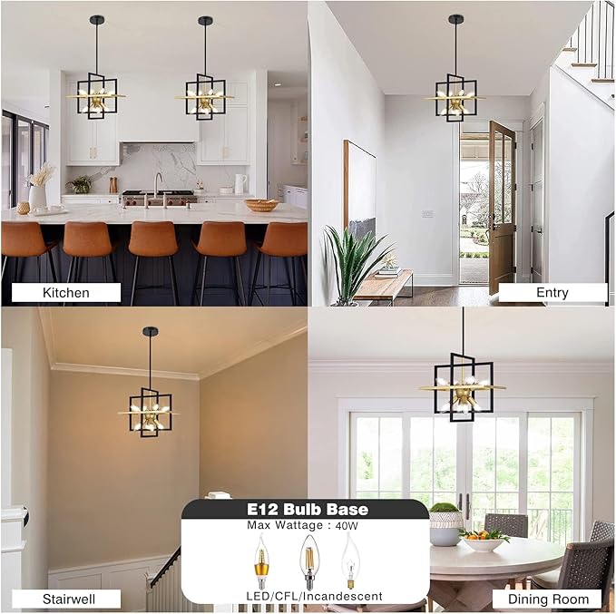 Small Modern Lantern Chandeliers, Geometric Black Gold Pendant Light Fixture, 8-Light Industrial Hanging Chandelier for Dining Room, Kitchen, Bedroom, Foyer, Entryway-UL Listed