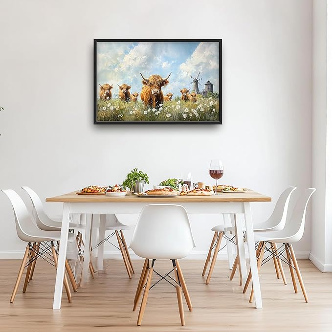 Flintis Large Highland Cow Barn Framed Wall Art Farmhouse Highland Cattle Daisy Pictures Wall Decor Abstract Canvas Painting Print Artworks Framed for Living Room Bathroom Master Bedroom 36L X 24W