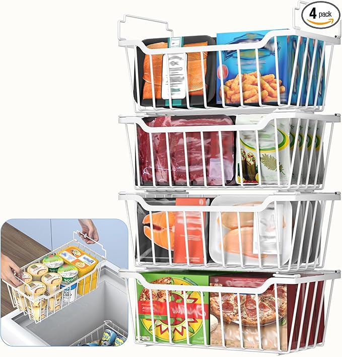 Goovilla Freezer Organizer Bins with Foldable Handle, 4 Pack Stackable Freezer Baskets for 3.5-7 Cu.FT Deep Chest Freezer Organization, White Metal Freezer Storage Bins with Better Space Utilization