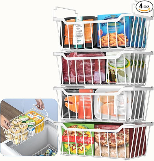 Goovilla Freezer Organizer Bins with Foldable Handle, 4 Pack Stackable Freezer Baskets for 3.5-7 Cu.FT Deep Chest Freezer Organization, White Metal Freezer Storage Bins with Better Space Utilization