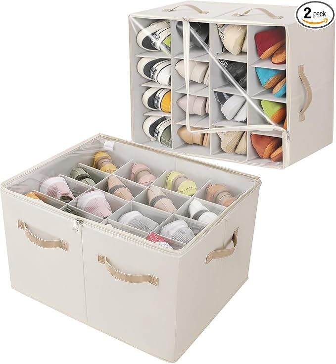 Shoe Organizer for Closet 2 Pack, Foldable Shoe Box with Adjustable Dividers and Clear Cover, Space Saving Shoe Storage Organizer Cabinet with Reinforced Handles, Fits 32 Pairs Beige TP12Y