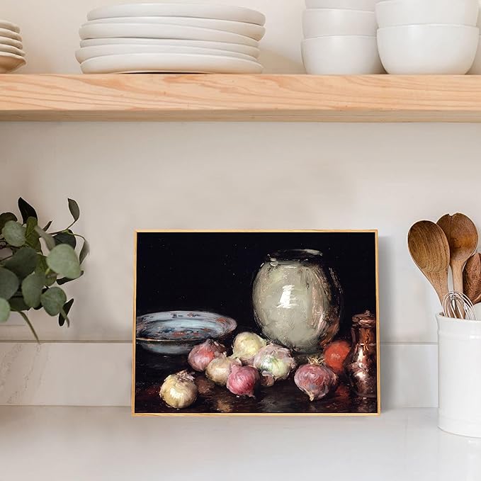 crmotu Vintage Framed Wall Art, Still Life Onions Canvas Oil Paintings, Black Antique Kitchen Decorations Art Prints, Rustic Home Decor Bedroom Dining Room Desktop Farmhouse Aesthetic Artwork 12x16in