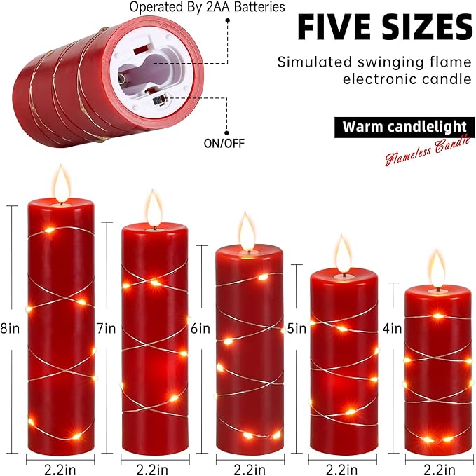 Da by Red Flameless Candles with String Lights, Battery Operated Candles with Remote Control and Timer,Flickering LED Pillar Candles for Home Décor,Real Wax,5 Pack -Red