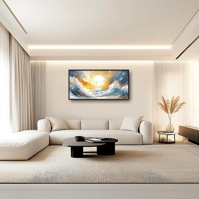 Trulave Ocean Sea Framed Wall Art for Living Room, Large Waves Canvas Wall Decor, Vintage Beach Sunset Pictures, Modern Artwork for Living Room Bedroom 60L'' × 30W''