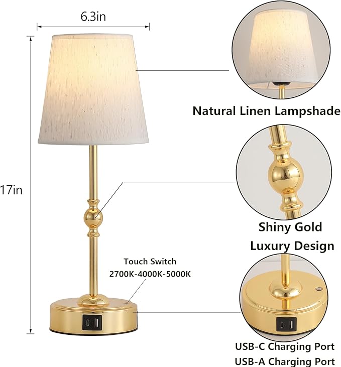 Bedside Table Lamp for Bedroom with 2 USB Charging Ports Minimalist Modern Small Gold Nightstand Lamp 3-Way Dimmable Touch Desk Lamp for Living Room Home Office Dorm,LED Bulb Included