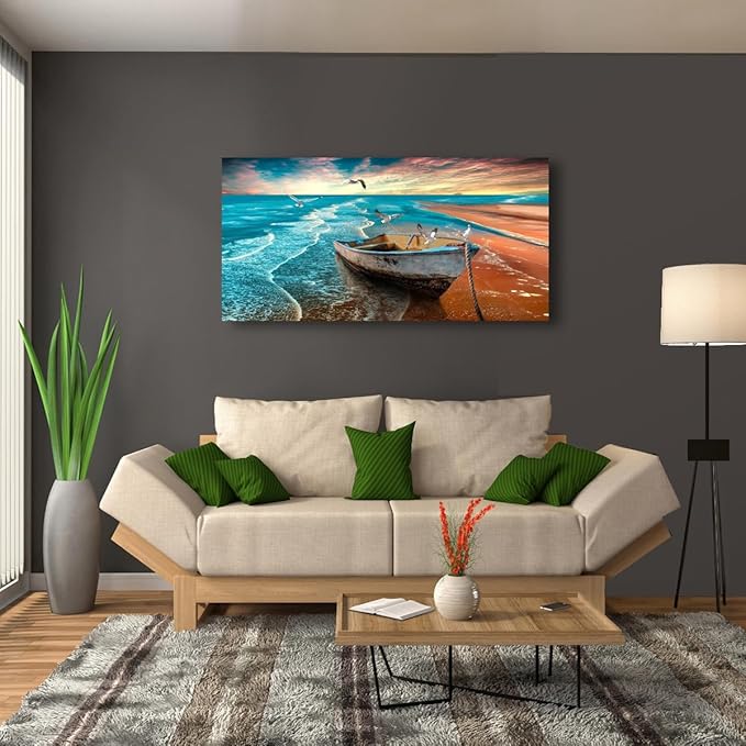 Beach Sunset Pictures Canvas Wall Art For Living Room Bedroom Wall Decor,Seascape Wall Art Print Paitnings For Home Decor,Morden Artwork Boat Canvas Art Waterproof Ready To Hang-24x48 Inches