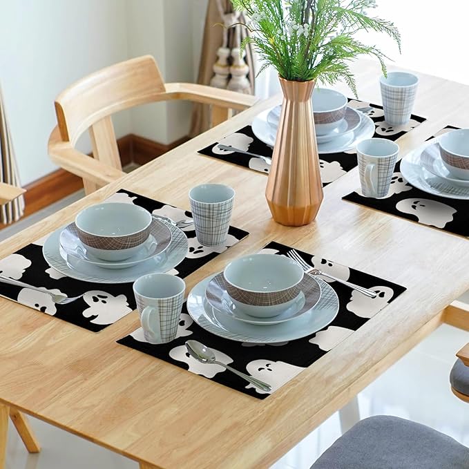 Halloween Placemats 12×18 Inches Set of 4 Cute Ghosts Seasonal Holiday Indoor Kitchen Dining Table Place Mats for Home Party Decoration
