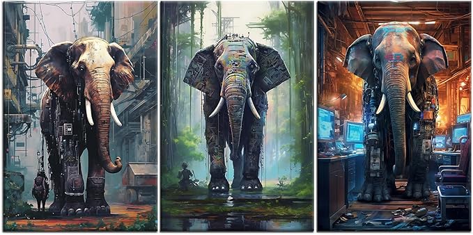 Abstract Animal Canvas Wall Art 3 Pieces Posters Print Cyberpunk Style Giant Machine Elephants Picture Painting Artwork for Modern Home Living Room Bedroom Office Stretched and Framed [48''W X 24''H]