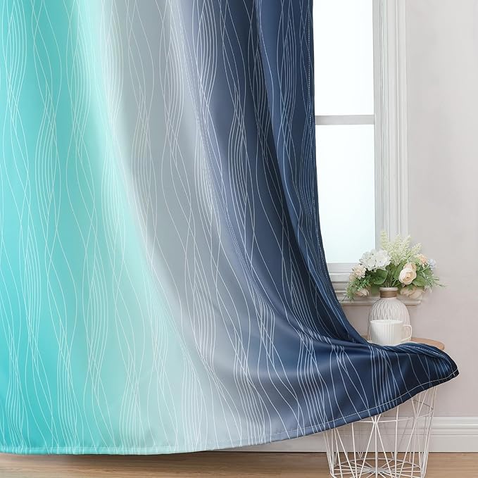 Estelar Textiler Navy Blue and Teal Blackout Curtains for Living Room, Full Room Darkening Grommet Ombre Curtains for Bedroom, Thermal Insulated Light Blocking Gradient Drapes, 42Wx72L, 2 Panels