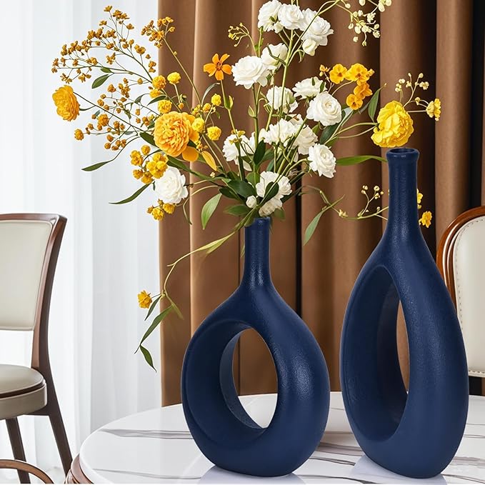 Navy Blue Ceramic Hollow Elliptical Vase Set of 2 - Boho Circle Vase with Hole, for Modern Navy Blue Table Decor, Living Room Decor Shelf mid Century Modern Home Entrance Decorative vase