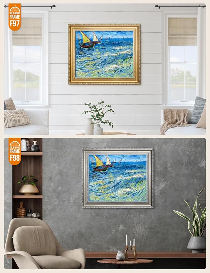 DECORARTS - Fishing Boats At Sea - Vincent Van Gogh Giclee Prints w/Antique Brown Frame for Wall Decor. Picture Size: 20x16, Total Size w/Frame: 23x19