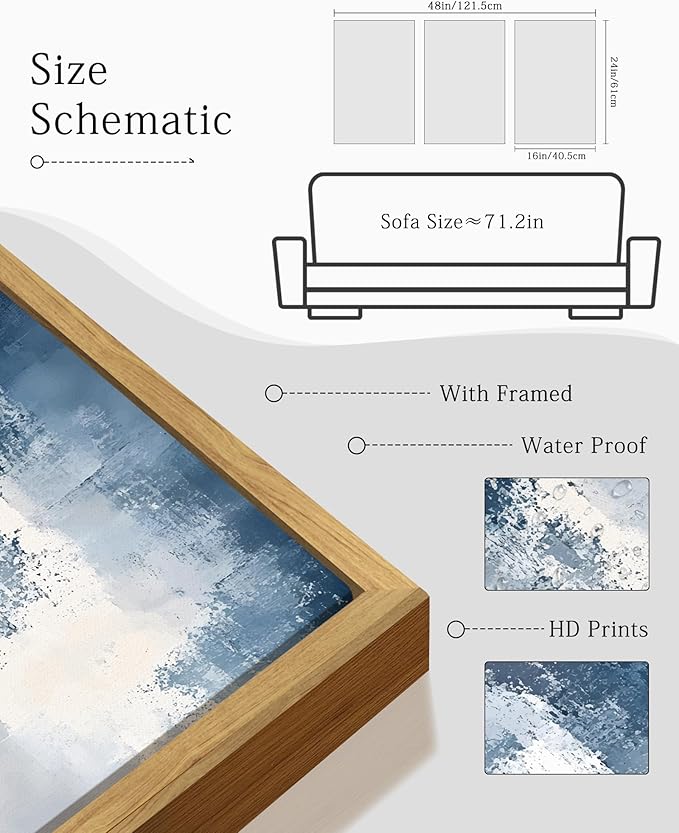 KUVIOKE Navy Blue Abstract Wall Art Framed Neutral Brush Strokes Block Shape Mid Century Art Prints Minimalist Modern Illustrations Bedroom Hallway 16x24in (Natural Framed)