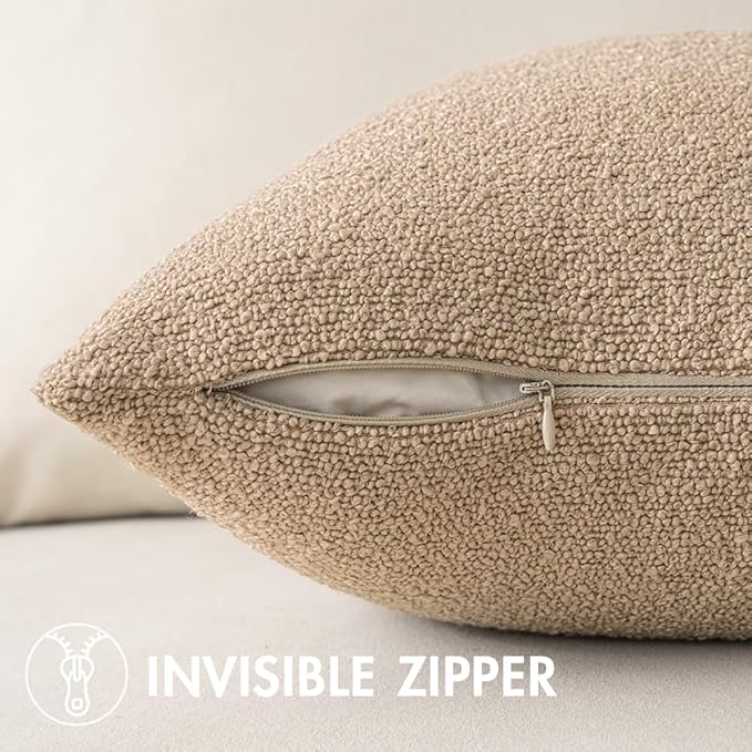 MIULEE 24x24 Decorative Euro Sham Throw Pillows for Bed Set of 2 Textured Boucle Neutral Throw Pillow Coverss Khaki Accent Solid Couch Pillowcase Cozy Soft Sofa Livingroom Home Decor