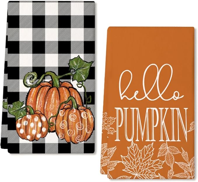 ARKENY Fall Kitchen Towels Set of 2,Black Buffalo Check Pumpkin Autumn Dish Towels 18x26 Inch Drying Dishcloth,Farmhouse Home Decoration AD127