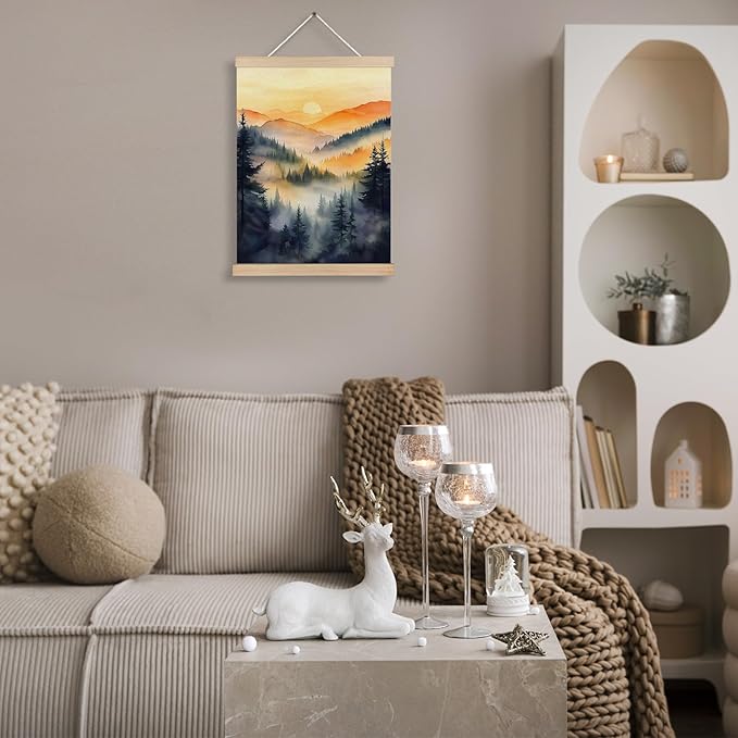 FITIE Misty Foggy Mountain Forest Canvas Wall Art Poster, Nature Room Decor, Retro Sunset Forest Landscape Scenic Wall Decor Prints for Home Bedroom Living Room, 12x16 Inches