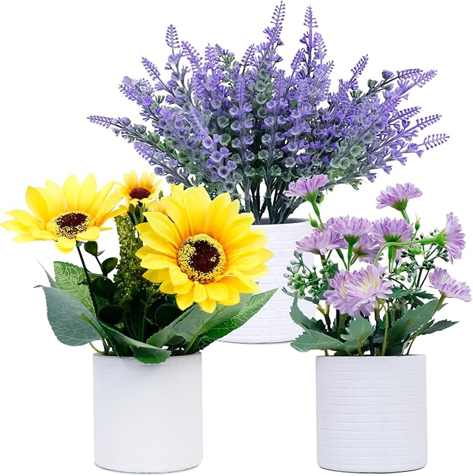 FGSAEOR Mini Potted Fake Plants, Small Artificial Greenery Realistic Plants Topiaries, Low Maintenance, for Home Office Shelf Desk Farmhouse Room Coffee Table Decor (3-Pack) (Purple Yellow)