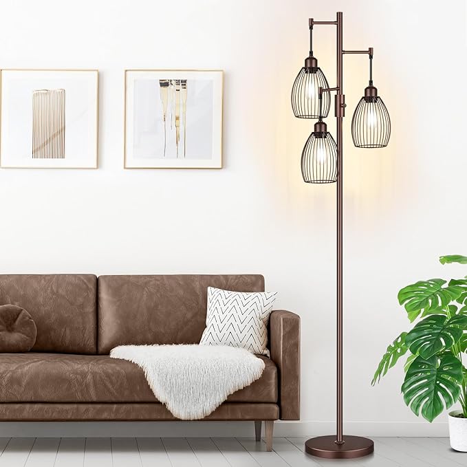 Dimmable Farmhouse Industrial Floor Lamp, Matte Brown Tree Standing Tall Lamps with 3 Elegant Teardrop Cage Head & 800 Lumens LED Edison Bulbs for Living Room Bedroom Office Dining Room