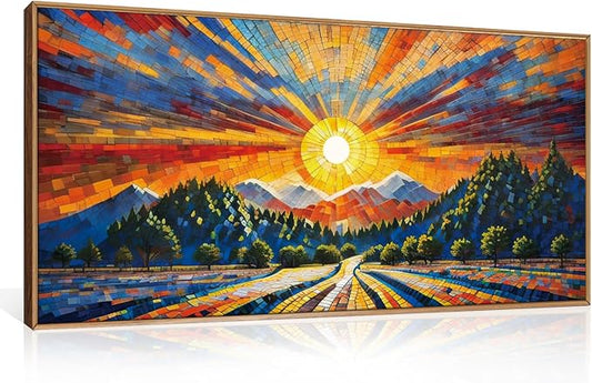 HOURIA Large Natural Mountain Forest Framed Canvas Wall Art Set,Wilderness Sunrise Wall Decor,Boho Pine Tree Square Ridge Artwork,Modern Field Art Print for Living Room, Office, Farmhouse- 20"x40"x1