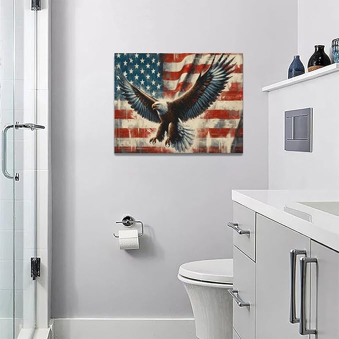 Large Bald Eagle Wall Art American Flag and Eagle Pictures Wall Decor Patriotic Motivational Bedroom Sign Canvas Painting Prints Modern Home Decoration Artworks Framed for Living Room Office 16"x12"