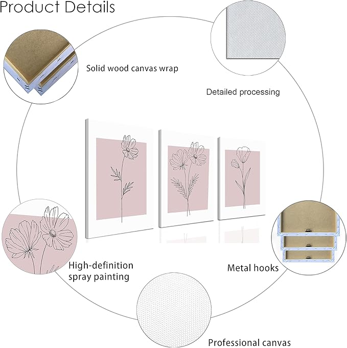 WRFON Pink Line Flower Canvas Wall Art, Light Pink Botanical Aesthetic Pictures, Minimalist Black Line Floral Poster Prints, Abstract Plants Wall Decor for Girls' Room Apartment Framed 12"x16"x3