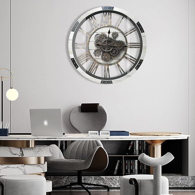 27" Large Real Moving Gears Wall Clock with Toughened Glass Cover Solid Wood Retro Metal Skeleton Oversized Vintage Steampunk Rustic Clock for Living Room Decor Home Farmhouse Kitchen(Desert Beige)
