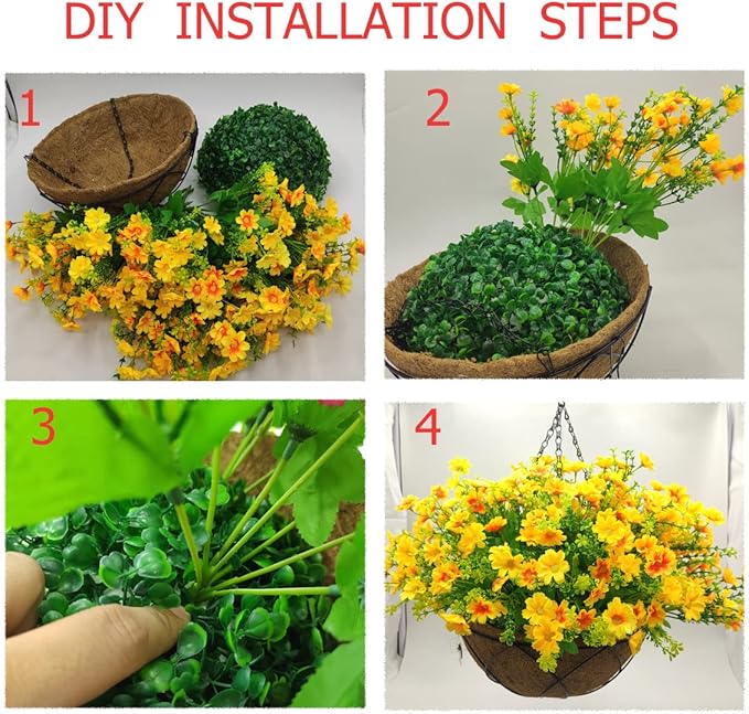 Artificial Faux Hanging Plants Flowers Basket for Summer Autumn, Colorful Daisy Flowers Eucalyptus UV Resistant Look Real for Outdoor Outside Porch Decoration