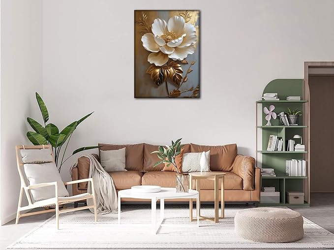 Flower Pictures Canvas Wall Art White Gold Flowers Elegant Wall Decor pictures 3D Retro Floral poster prints for Bedroom Bathroom Wall Decorations (16inx24in canvas)