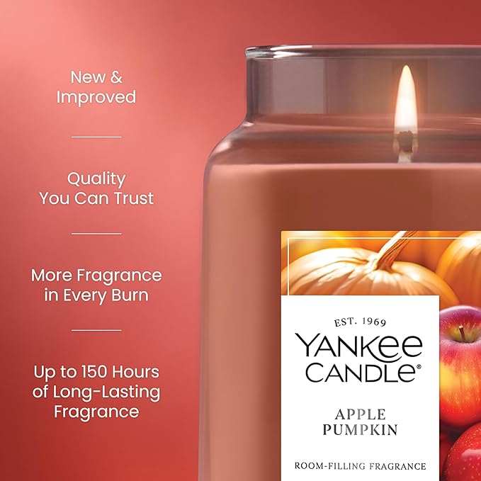 Yankee Candle Large Jar Scented Candle with up to 150 Hour Burn Time, Premium Plant Wax Blend for Consistent Burn, 22 oz Jar Candle with Room Filling Fragrance, Apple Pumpkin