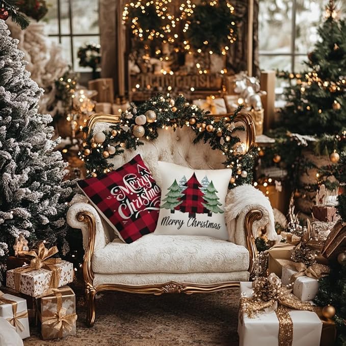 GEEORY Merry Christmas Throw Pillow Covers 18x18 Inch Set of 4, Xmas Trees Truck Buffalo Plaid Believe Farmhouse Decorative Cushion Cases for Home Decoration G421-18