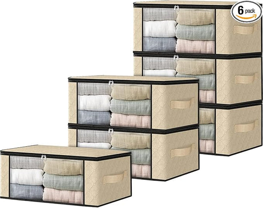 HomeHacks Storage 6-Pack Clothes Organizer Storage Bags Foldable Storage Box with Large Clear Window Sturdy Handles for Closet, Dorm, Pillows, Bedding, Clothes, Blankets, 35L, Beige