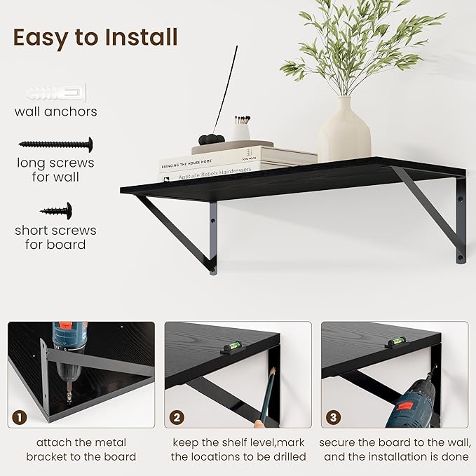 Fun Memories Deep Floating Shelves for Wall, 24W x 8D Wall Mounted Shelves Set of 2, Wide Display Ledge Shelf with Sturdy Metal Brackets for Living Room, Bathroom, Bedroom and Kitchen, Black