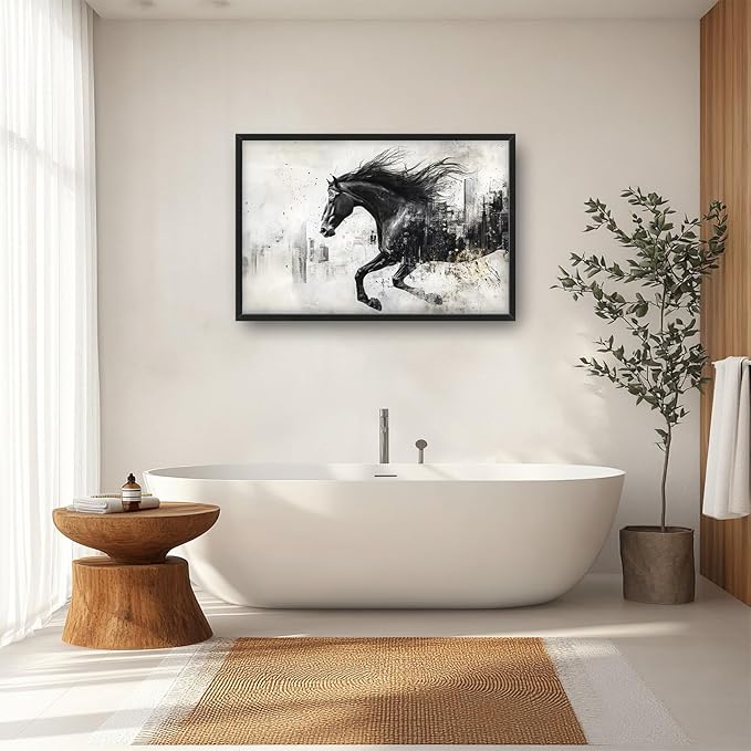 Framed Large Wall Art for Living Room, Black Running Horse Canvas Wall Decor, Large City Picture Framed Painting, Abstract Modern Artwork for Bedroom Office 36L'' × 24W''