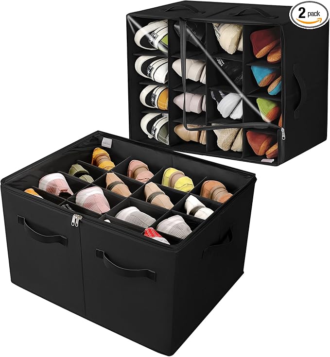 Shoe Organizer for Closet 2 Pack, Foldable Shoe Box with Adjustable Dividers and Clear Cover, Space Saving Shoe Storage Organizer Cabinet with Reinforced Handles, Fits 32 Pairs, Black TP12B