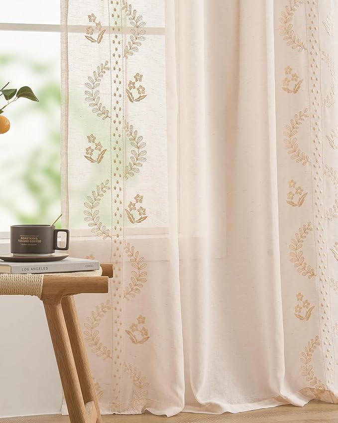 jinchan Belrose Linen Sheer Curtains for Living Room 96 Inch Length Sheer Voile Embroidered Floral Curtains for Bedroom Light Filtering Rod Pocket Window Treatments Farmhouse Decor 2 Panels Beige