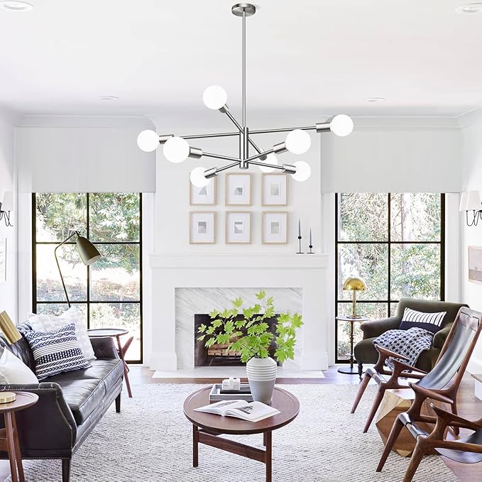 Sputnik Chandeliers Dining Room Light Fixture (8-Light, 30-Inch), Modern Nickel Chandelier, Height Adjustable Mid Century Modern Chandeliers for Dining Room Kitchen Island