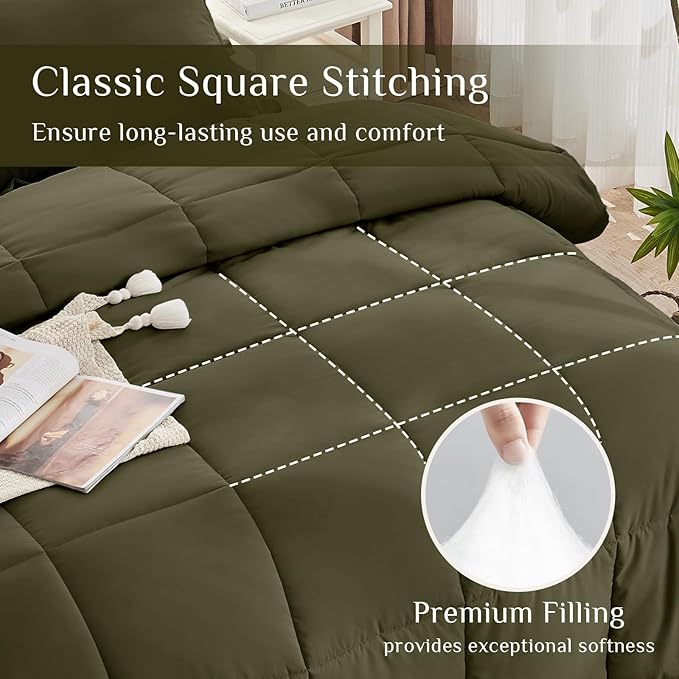 JOLLYVOGUE King Comforter Set, Ultra-Soft Bed in a Bag King Size 7 Pieces, Oeko-TEX Certified Bedding Set with Down Alternative Comforter, Sheets, Pillowcases & Shams, Olive Green