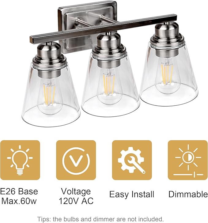 Brushed Nickel 3 Light Vanity Light Set with Hardware - 5 Piece Bathroom Accessories Set