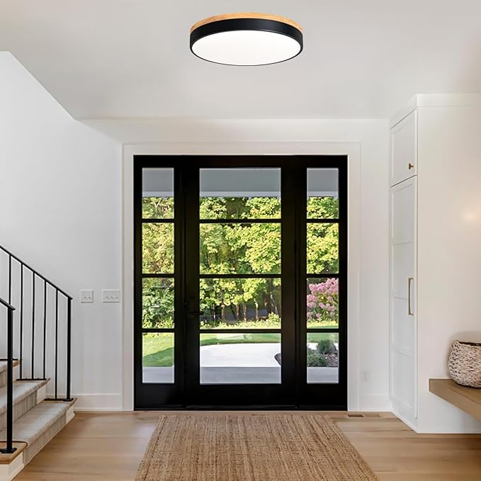 Dimmable Modern Wood Ceiling Light, Black LED 5CCT 2700K-6000K Flush Mount Ceiling Lighting Fixture, Round Light Fixtures for Kitchen Living Room Dining Room Bedroom 15.8in