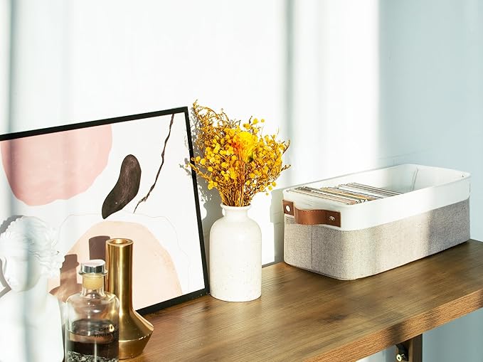 StorageWorks Narrow Storage Bins, Small Baskets for Organizing, Long Storage Basket with Handles, Fabric Storage Bins for Shelf, Brown and White, 2-Pack