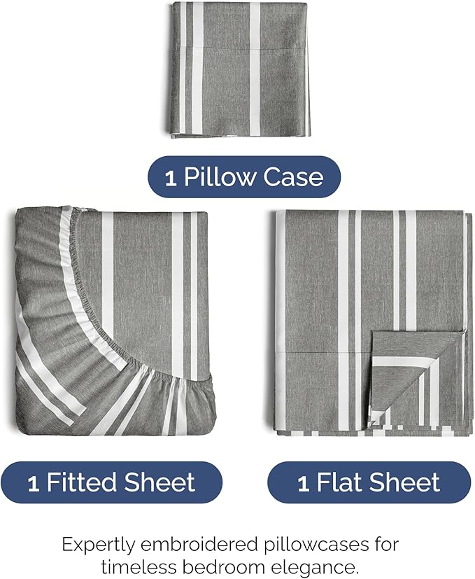 Twin XL Size 3 Piece Sheet Set - Comfy Breathable & Cooling Bed Sheets Set - Hotel Luxury Bedding for Women, Men, Kids, Teens, Boys & Girls - Deep Pockets and Wrinkle Free - Oeko-Tex - Grey Stripes 3