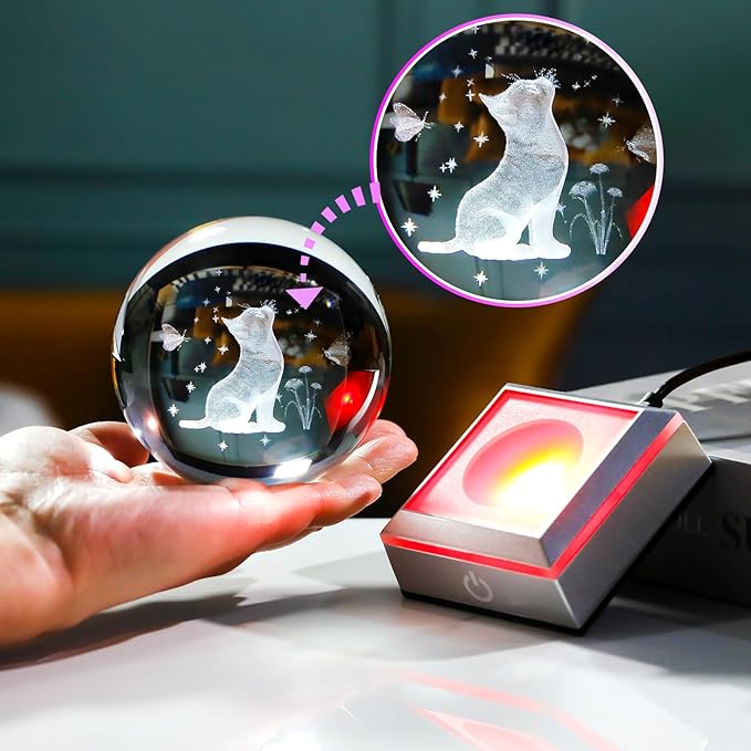 Ornalrist Cat Gifts for Women, Mom - 3D Crystal Ball 3.15'' Engraved Cat Butterfly and Carnation with LED Light Base - Cat Lovers Figurine Collection for Home Decor