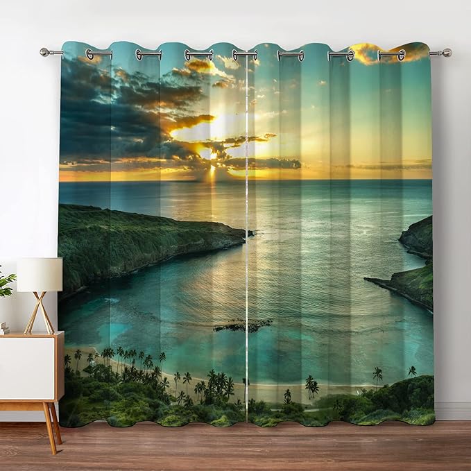 Jekeno Ocean Beach Blackout Curtains Ocean Morning Sunrise Decor for Bedroom Living Room with Hawaiian Seaside Scene Island Green Print Grommet Window Drapes 2 Panel Set, 42"x84"