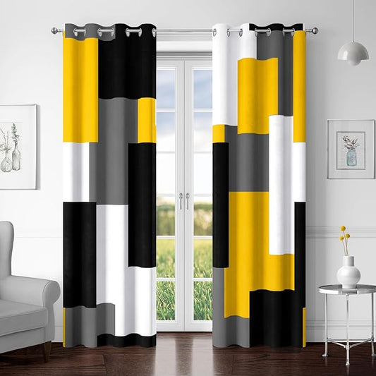 Yellow 100% Blackout Curtains for Bedroom 72 inch Length 2 Panels Set White Grey Modern Abstract Geometric Black Out Curtains Insulated Room Darkening Window Drapes for Living Room, 52Wx72L