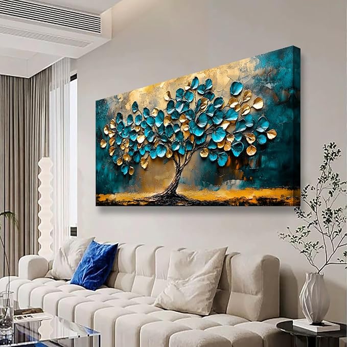 Tree of life Teal Gold Leaf Pictures Canvas Wall Art for Living room Office Bedroom Wall Decor,Abstract Wall Art Print Paintings Modern Blue Leaves Artwork Waterproof Ready to Hang-20x40inch
