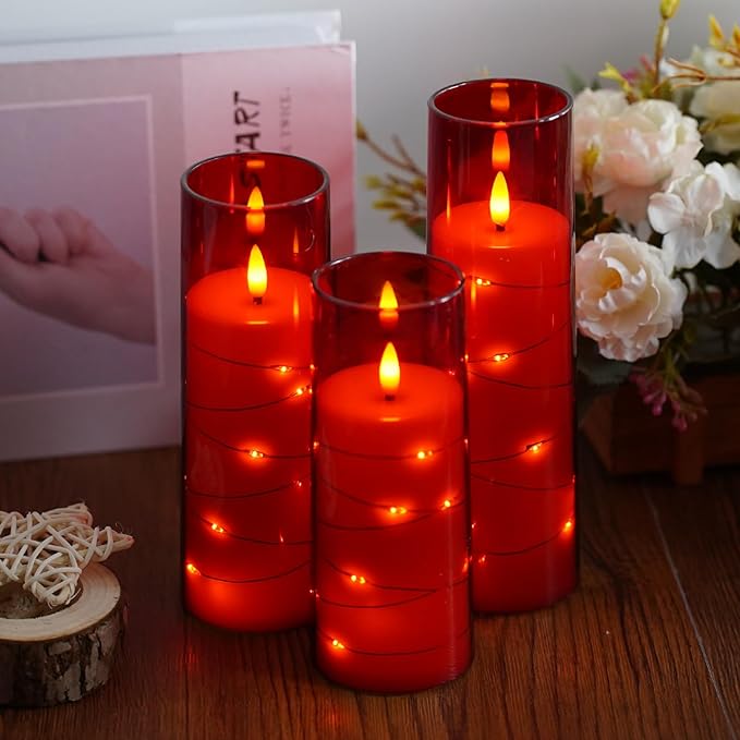 Flameless Candles,with Embedded Star String, Battery Operated Candles Flickering LED Pillar Candles with Remote Control and Timer, Home Decoration Add a Warm and Romantic Atmosphere，Set of 7 (Red)