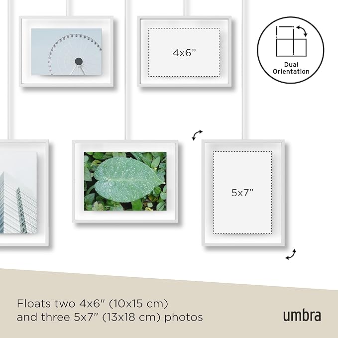 Umbra Exhibit Picture Frame Gallery Set, Adjustable Wall Collage Displays Five Photos (Two 4x6" and Three 5x7"), Set of 5, White